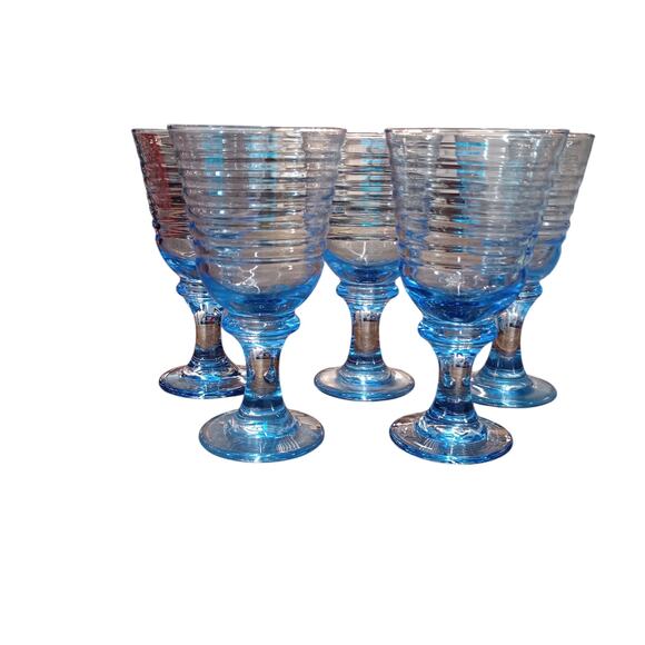 Vintage Libbey Blue Sirrus Harlequin Romance Water Wine Goblets Glasses Set of 5 - Picture 1 of 4